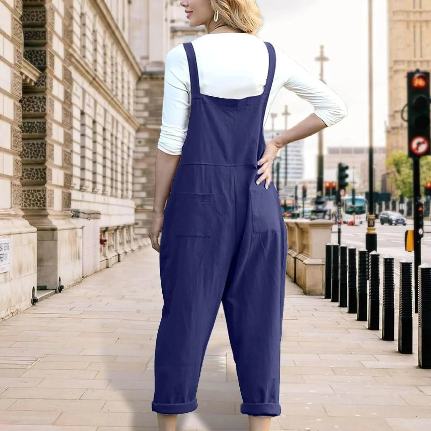 Linen Overalls for Women Cropped Bib Overalls Sleeveless One Piece Jumpsuits Button Straps Summer Jumpers with Pockets