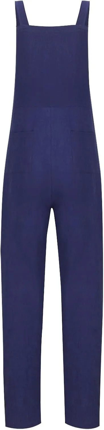 Linen Overalls for Women Cropped Bib Overalls Sleeveless One Piece Jumpsuits Button Straps Summer Jumpers with Pockets