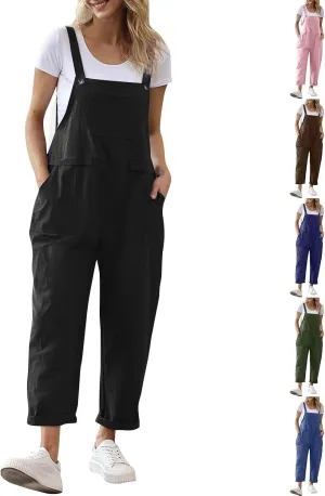 Linen Overalls for Women Cropped Bib Overalls Sleeveless One Piece Jumpsuits Button Straps Summer Jumpers with Pockets