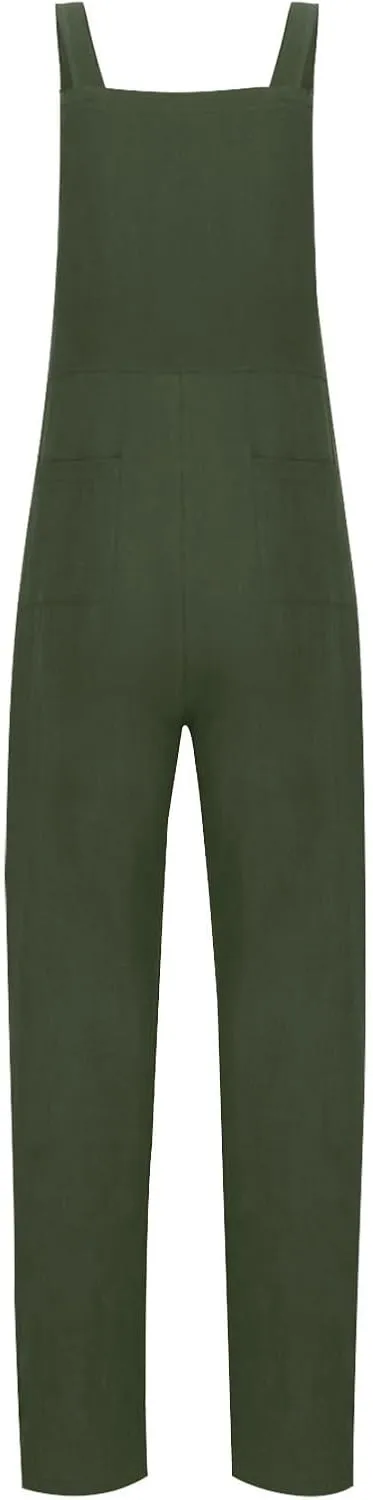Linen Overalls for Women Cropped Bib Overalls Sleeveless One Piece Jumpsuits Button Straps Summer Jumpers with Pockets