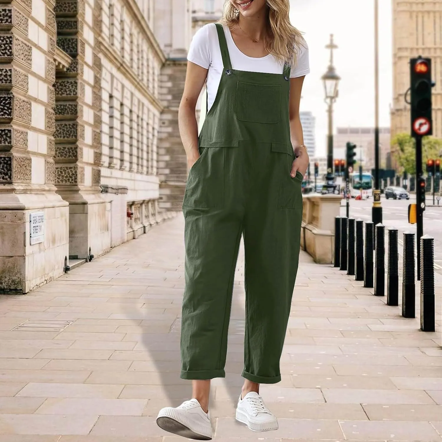 Linen Overalls for Women Cropped Bib Overalls Sleeveless One Piece Jumpsuits Button Straps Summer Jumpers with Pockets