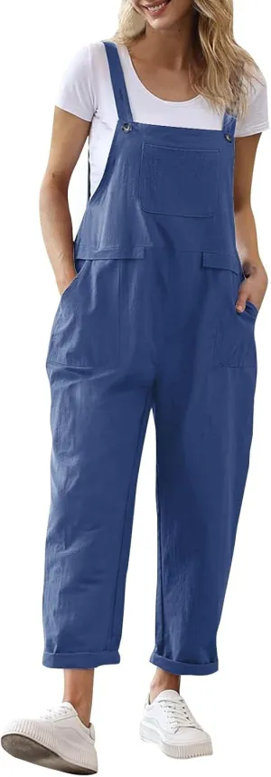 Linen Overalls for Women Cropped Bib Overalls Sleeveless One Piece Jumpsuits Button Straps Summer Jumpers with Pockets