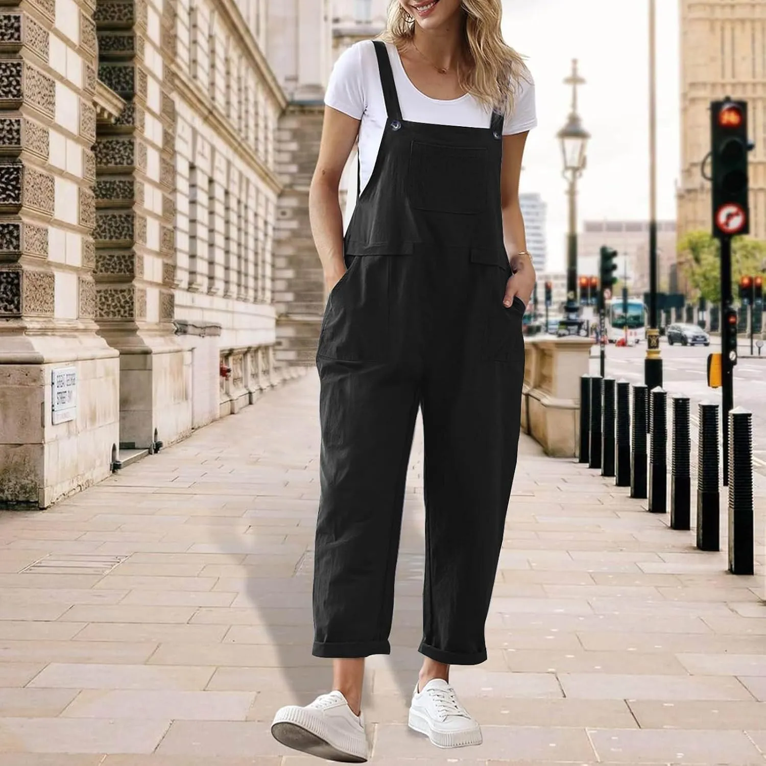 Linen Overalls for Women Cropped Bib Overalls Sleeveless One Piece Jumpsuits Button Straps Summer Jumpers with Pockets