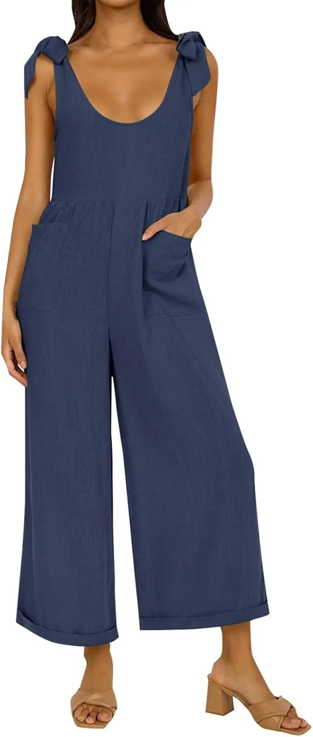 Linen Overalls for Women Loose Fit Adjustable Tie Strap Wide Leg Jumpsuit Casual Summer Flowy Beach Vacation Outfits