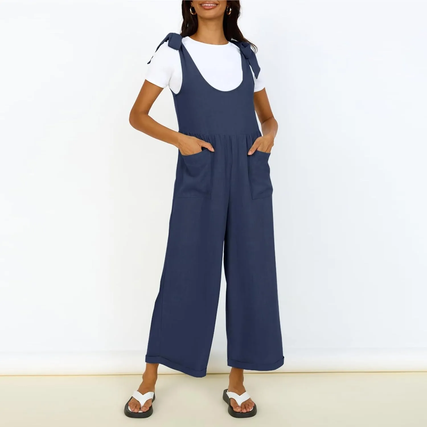 Linen Overalls for Women Loose Fit Adjustable Tie Strap Wide Leg Jumpsuit Casual Summer Flowy Beach Vacation Outfits