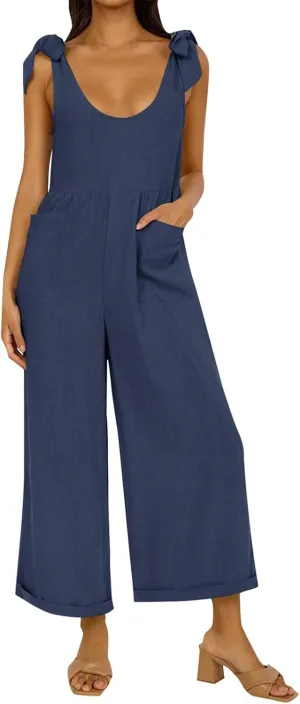 Linen Overalls for Women Loose Fit Adjustable Tie Strap Wide Leg Jumpsuit Casual Summer Flowy Beach Vacation Outfits