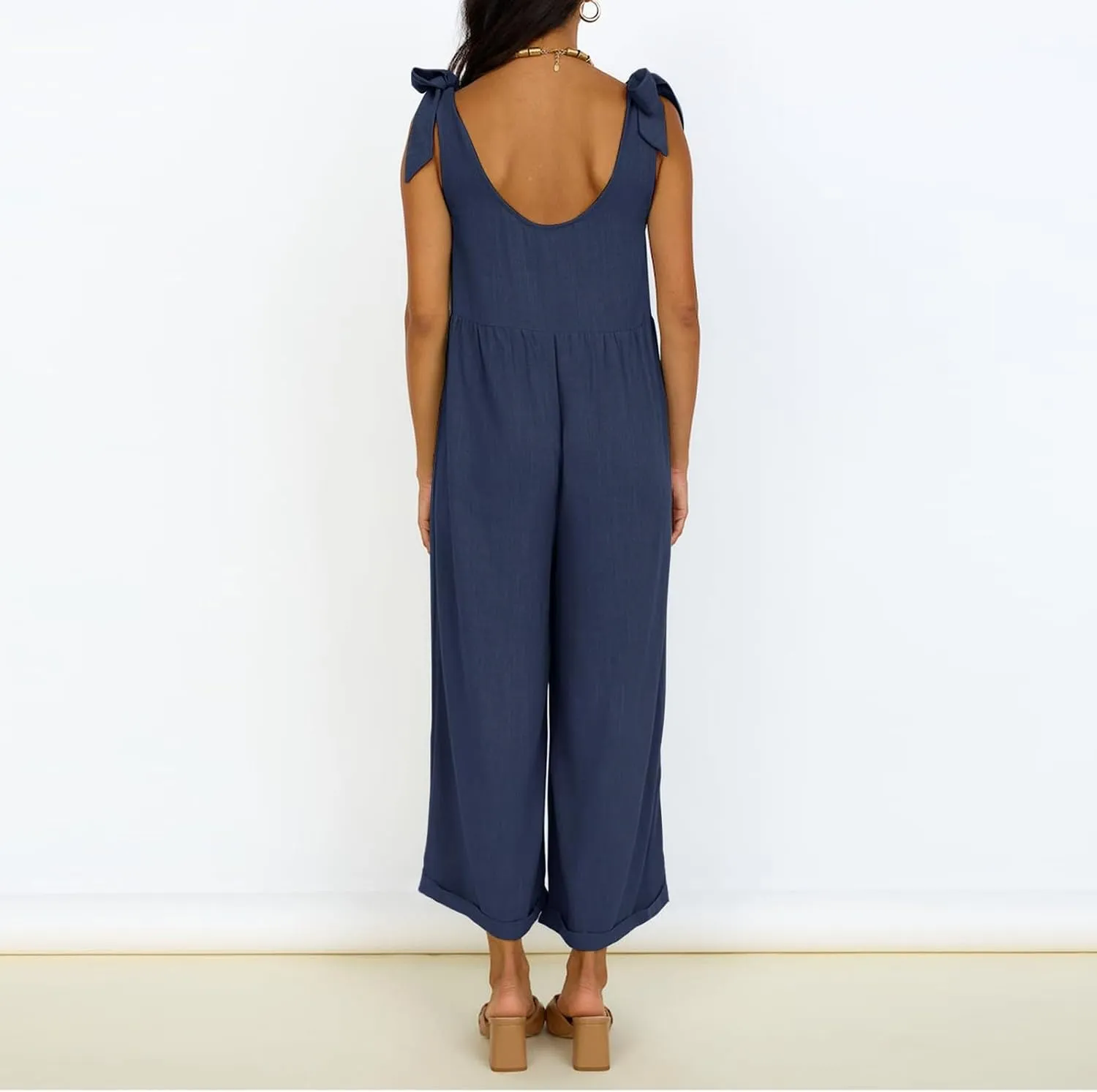 Linen Overalls for Women Loose Fit Adjustable Tie Strap Wide Leg Jumpsuit Casual Summer Flowy Beach Vacation Outfits