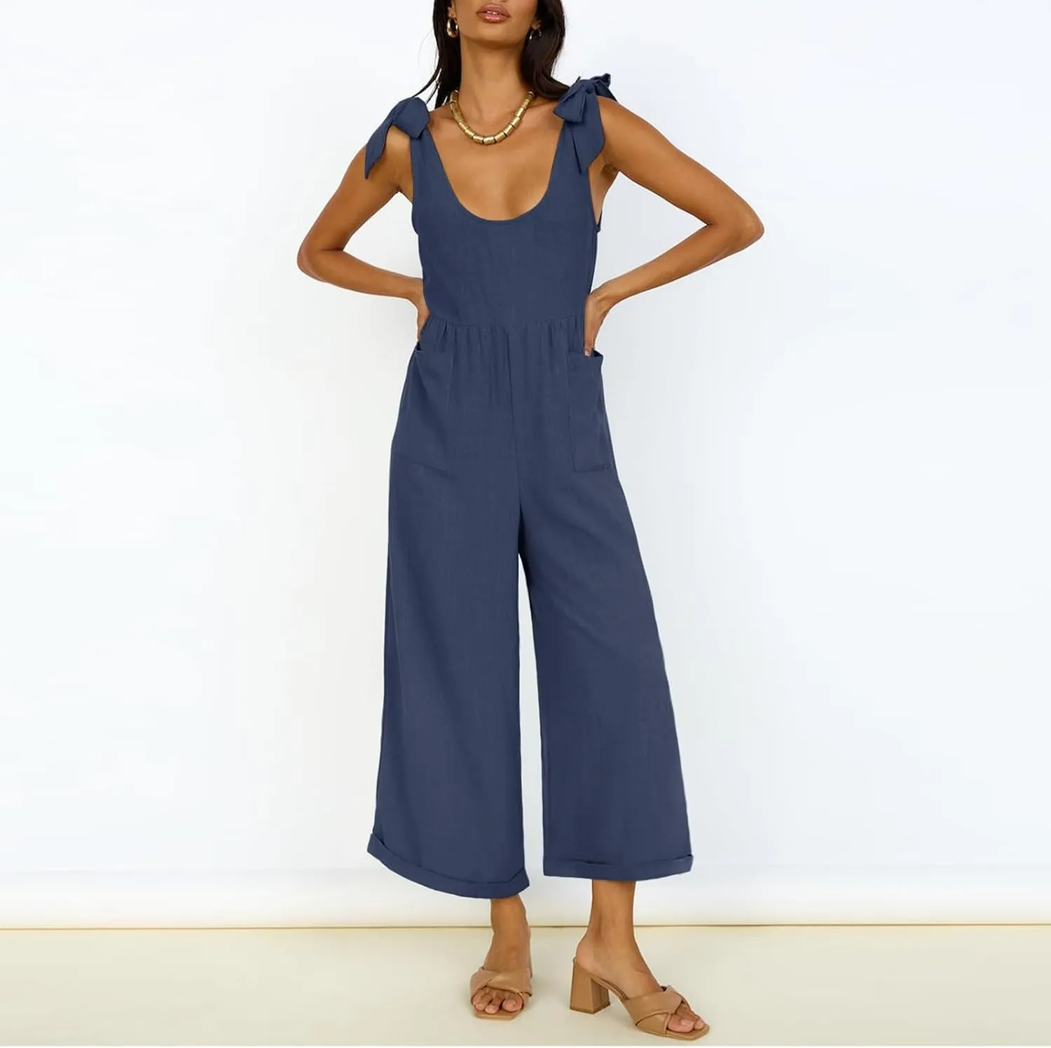 Linen Overalls for Women Loose Fit Adjustable Tie Strap Wide Leg Jumpsuit Casual Summer Flowy Beach Vacation Outfits