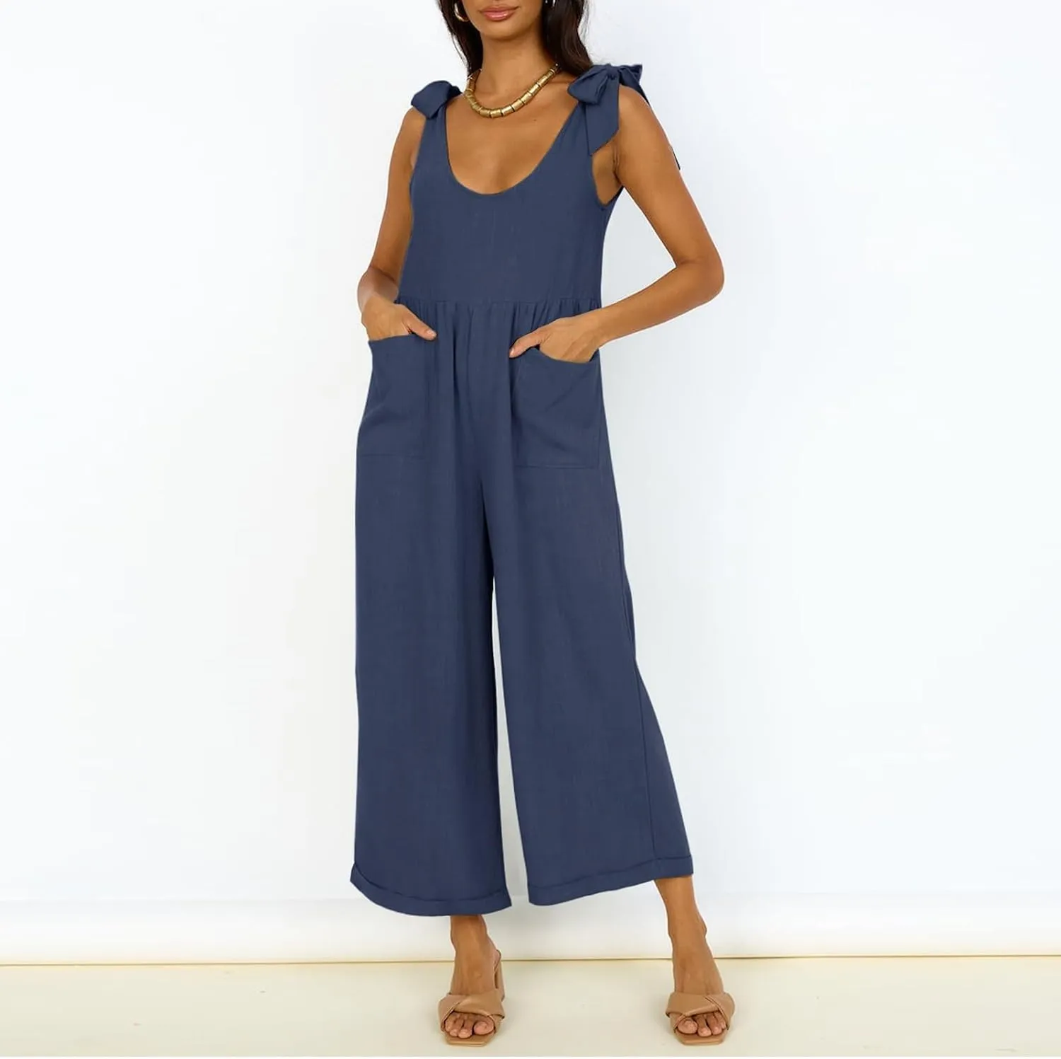 Linen Overalls for Women Loose Fit Adjustable Tie Strap Wide Leg Jumpsuit Casual Summer Flowy Beach Vacation Outfits