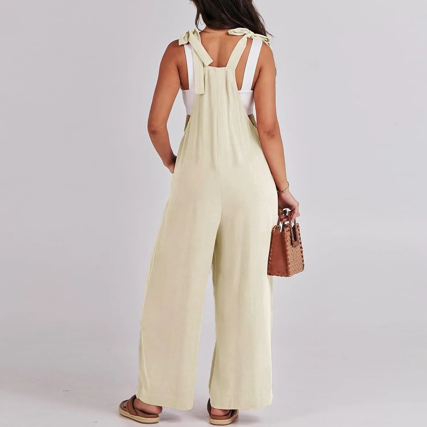 Linen Overalls for Women Loose Fit Pleated Wide Leg Jumpsuit Casual Sleeveless Adjustable Tie Straps Bib Beach Outfits