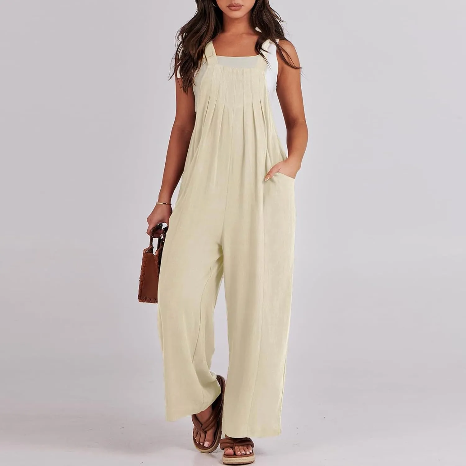 Linen Overalls for Women Loose Fit Pleated Wide Leg Jumpsuit Casual Sleeveless Adjustable Tie Straps Bib Beach Outfits
