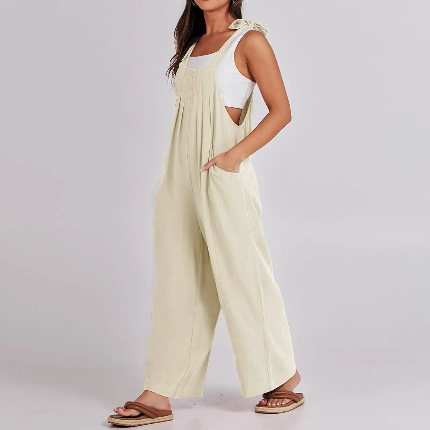 Linen Overalls for Women Loose Fit Pleated Wide Leg Jumpsuit Casual Sleeveless Adjustable Tie Straps Bib Beach Outfits
