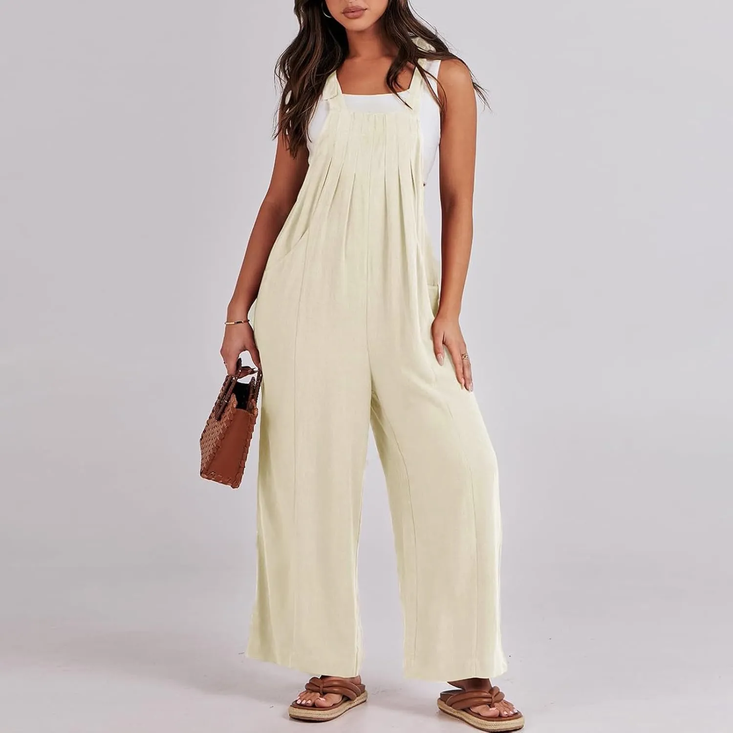 Linen Overalls for Women Loose Fit Pleated Wide Leg Jumpsuit Casual Sleeveless Adjustable Tie Straps Bib Beach Outfits