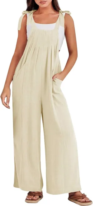 Linen Overalls for Women Loose Fit Pleated Wide Leg Jumpsuit Casual Sleeveless Adjustable Tie Straps Bib Beach Outfits