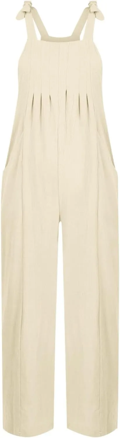 Linen Overalls for Women Loose Fit Pleated Wide Leg Jumpsuit Casual Sleeveless Adjustable Tie Straps Bib Beach Outfits