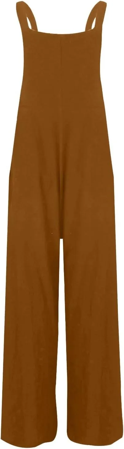 Linen Overalls for Women Loose Fit Pleated Wide Leg Jumpsuit Casual Summer Flowy Boho Beach Vacation Outfits w/Pockets