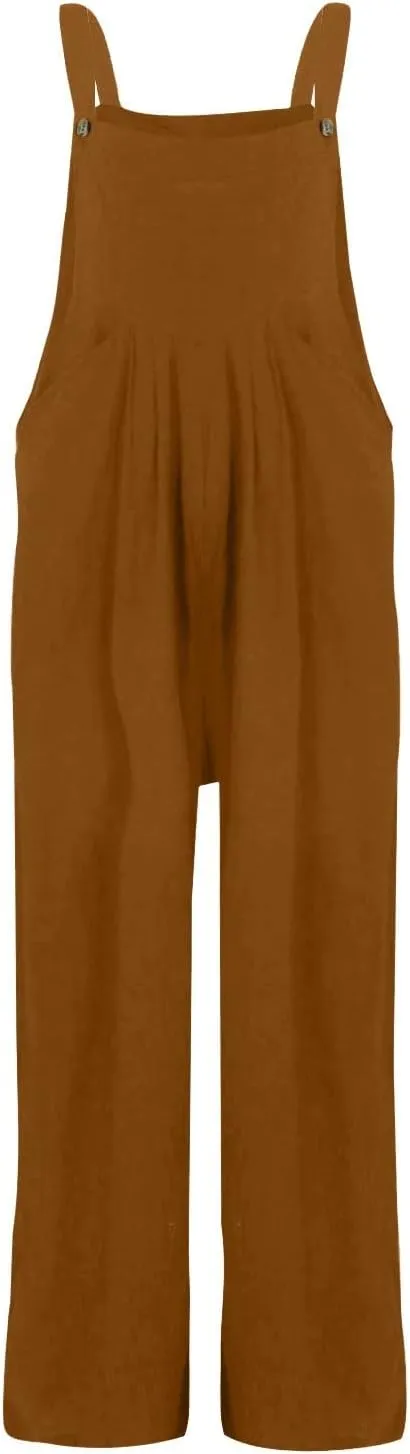 Linen Overalls for Women Loose Fit Pleated Wide Leg Jumpsuit Casual Summer Flowy Boho Beach Vacation Outfits w/Pockets