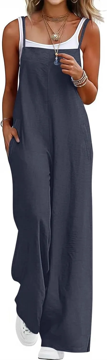 Linen Overalls For Women,2025 Summer Casual Loose Boho Wide Leg Jumpsuits Sleeveless Baggy Rompers With Pockets