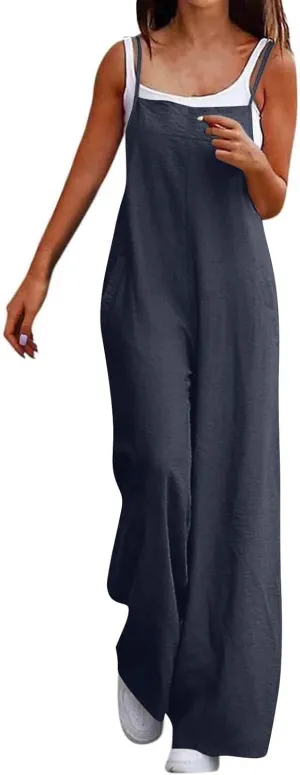 Linen Overalls For Women,2025 Summer Casual Loose Boho Wide Leg Jumpsuits Sleeveless Baggy Rompers With Pockets