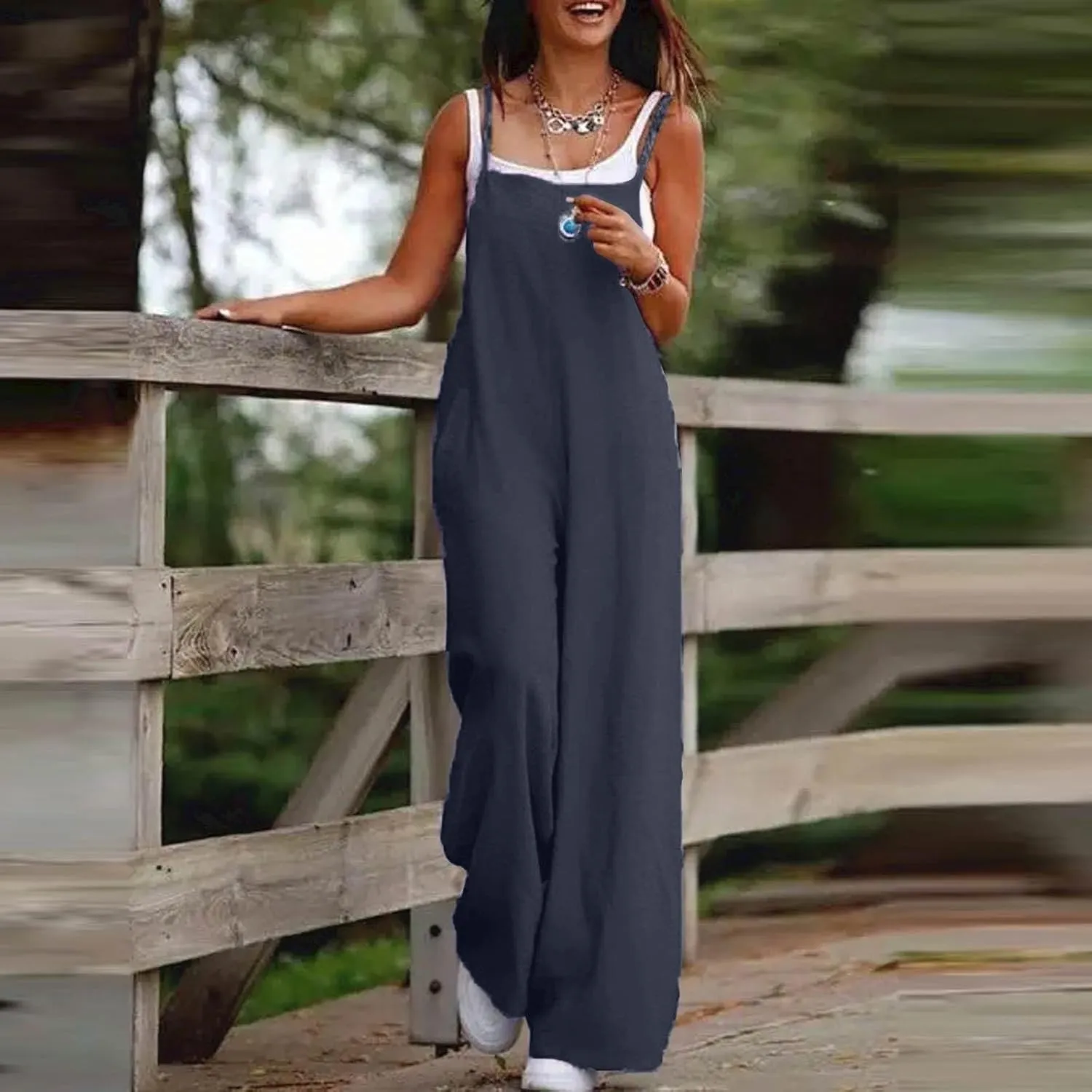Linen Overalls For Women,2025 Summer Casual Loose Boho Wide Leg Jumpsuits Sleeveless Baggy Rompers With Pockets