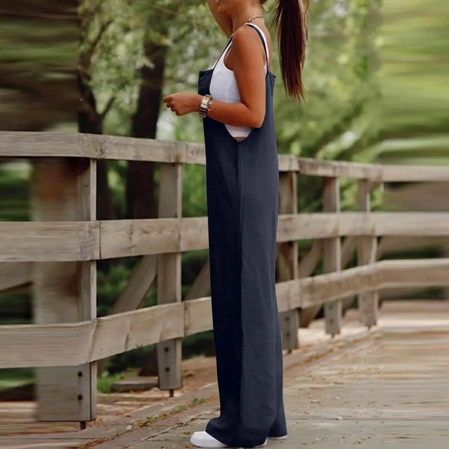 Linen Overalls For Women,2025 Summer Casual Loose Boho Wide Leg Jumpsuits Sleeveless Baggy Rompers With Pockets