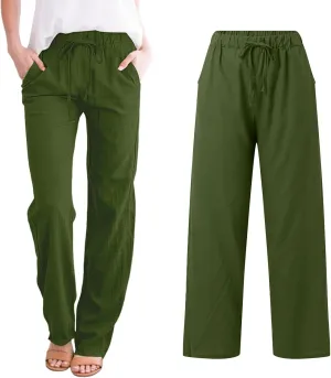 Linen Pants Women High Waist Casual Linen Pants 2025 Summer Drawstring Straight Leg Lounge Trousers with Pockets