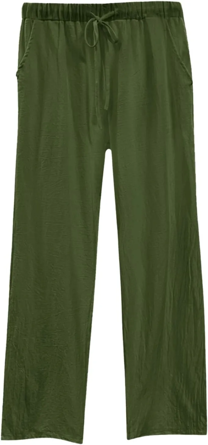 Linen Pants Women High Waist Casual Linen Pants 2025 Summer Drawstring Straight Leg Lounge Trousers with Pockets