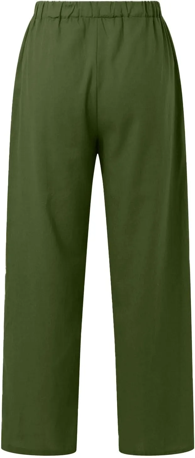 Linen Pants Women High Waist Casual Linen Pants 2025 Summer Drawstring Straight Leg Lounge Trousers with Pockets