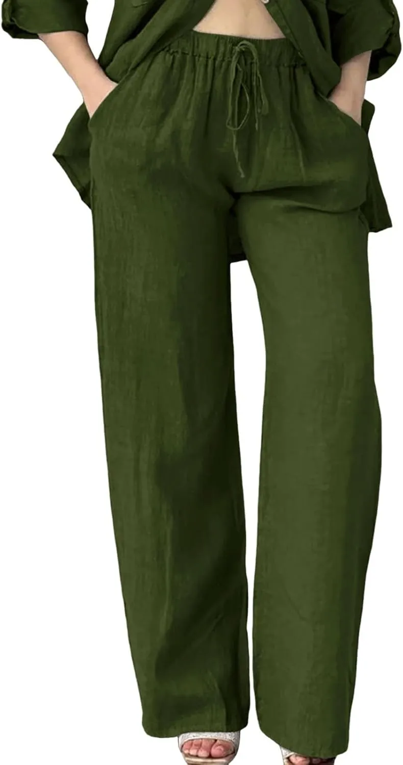 Linen Pants Women High Waist Casual Linen Pants 2025 Summer Drawstring Straight Leg Lounge Trousers with Pockets