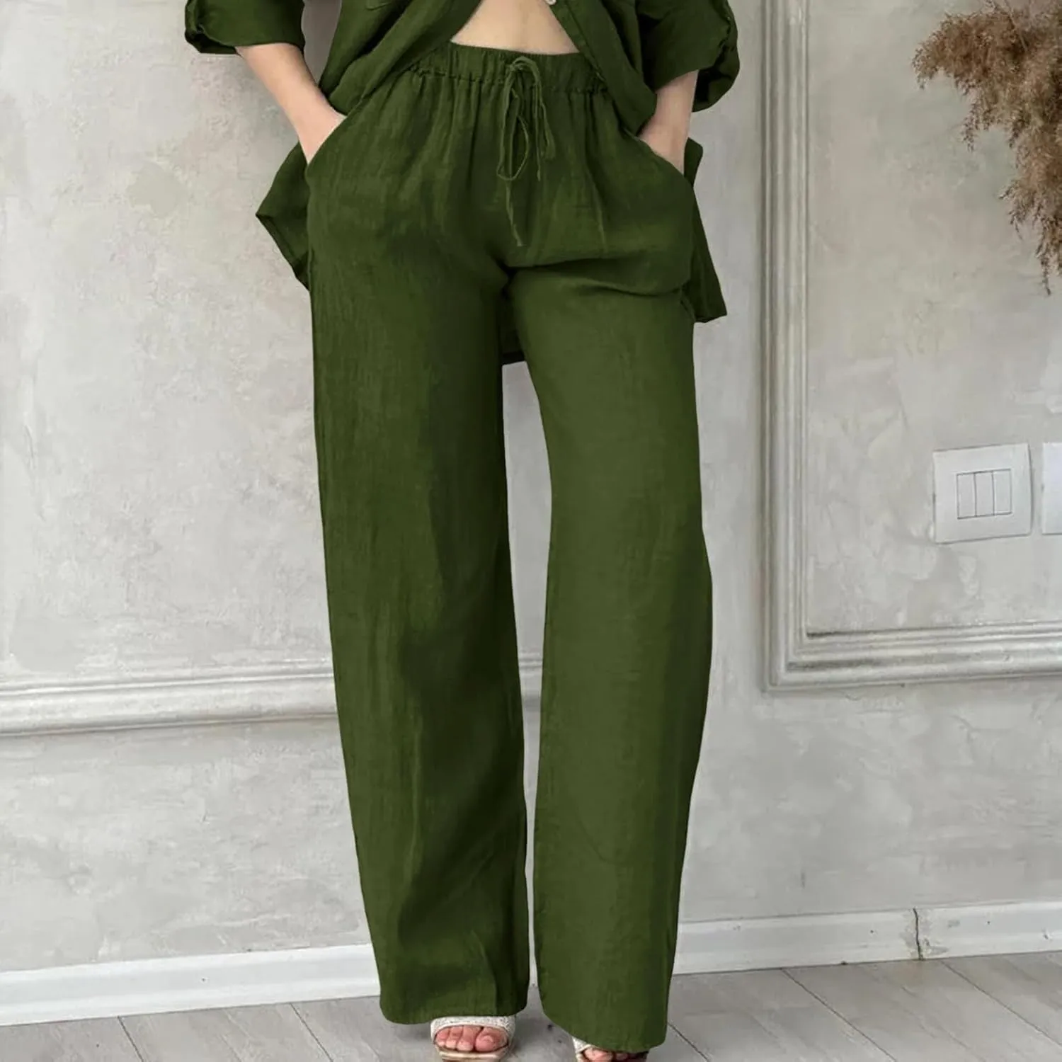 Linen Pants Women High Waist Casual Linen Pants 2025 Summer Drawstring Straight Leg Lounge Trousers with Pockets
