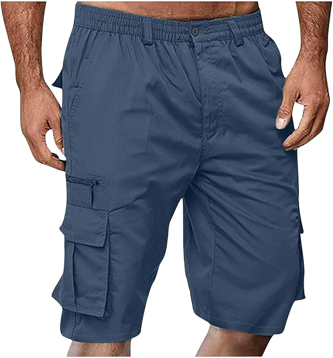 Men Cargo Shorts Casual Elastic Waist Knee Length Summer Hiking Shorts Bermuda Big and Tall Short Pants with Pockets