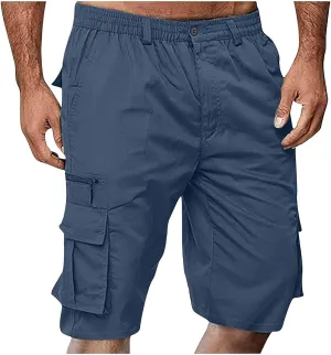 Men Cargo Shorts Casual Elastic Waist Knee Length Summer Hiking Shorts Bermuda Big and Tall Short Pants with Pockets