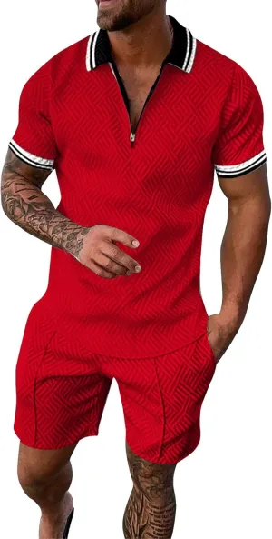 Mens 2 Piece Summer Outfits Short Sleeve Zipper Polo Shirt and Short Sets Stylish Gym Athletic Sports Tracksuits Sets