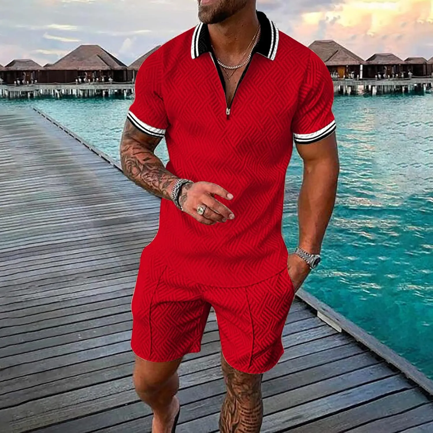 Mens 2 Piece Summer Outfits Short Sleeve Zipper Polo Shirt and Short Sets Stylish Gym Athletic Sports Tracksuits Sets