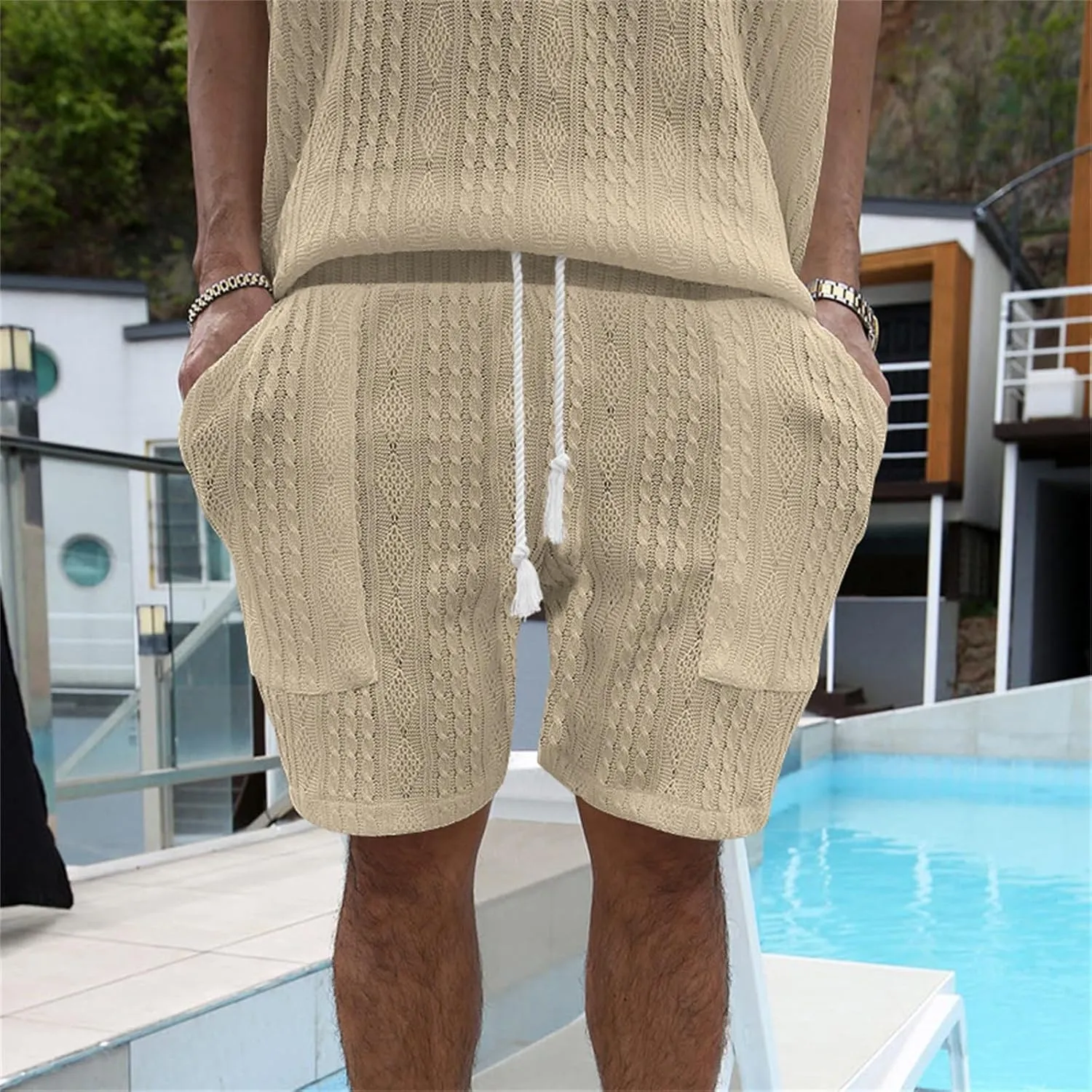 Mens Casual Jacquard Lounge Shorts Drawstring Elastic Waist Summer Waffle Textured Workout Jogging Beach Sweat Shorts