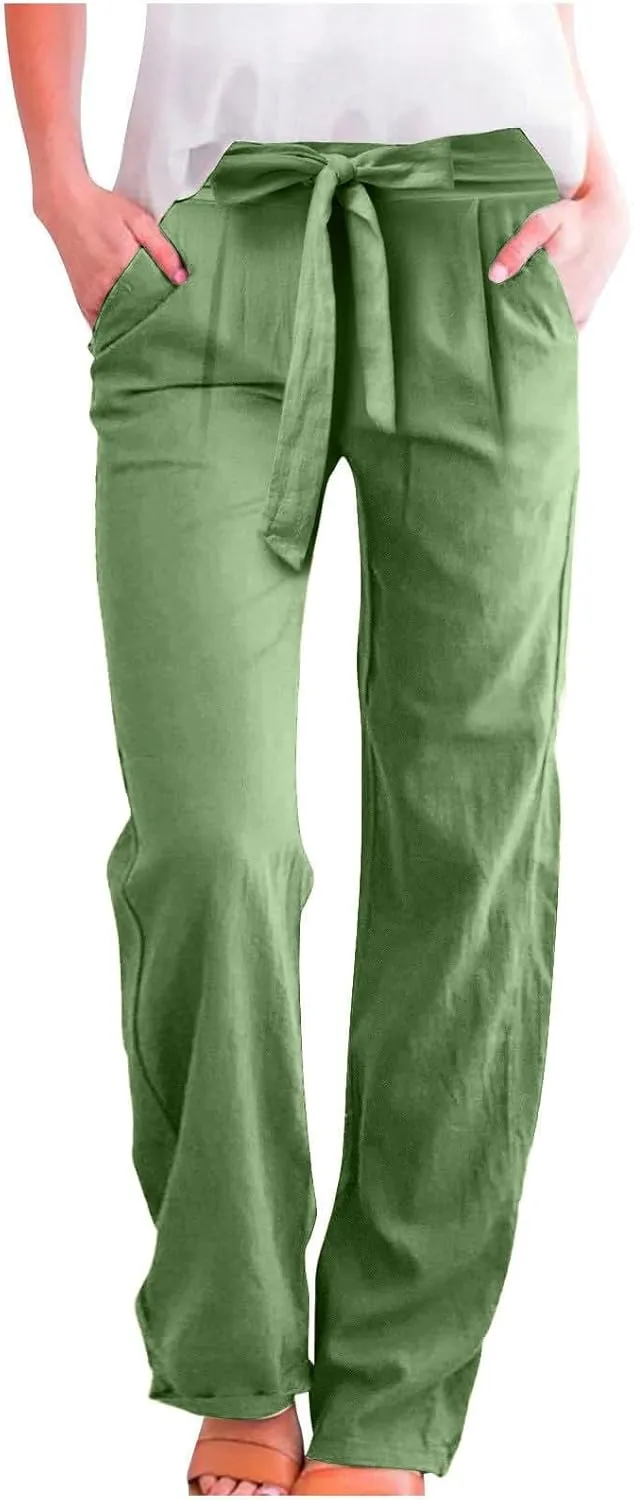 NBXNZWF Women's Cotton Linen Pants Casual Straight Leg Trousers Elastic Waist Lightweight Relaxed Fit Pants with Pockets