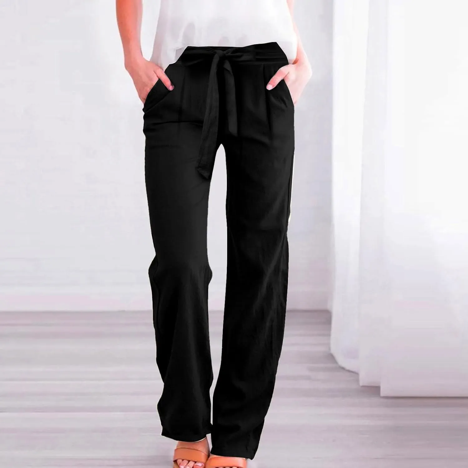 NBXNZWF Women's Cotton Linen Pants Casual Straight Leg Trousers Elastic Waist Lightweight Relaxed Fit Pants with Pockets