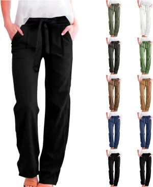 NBXNZWF Women's Cotton Linen Pants Casual Straight Leg Trousers Elastic Waist Lightweight Relaxed Fit Pants with Pockets