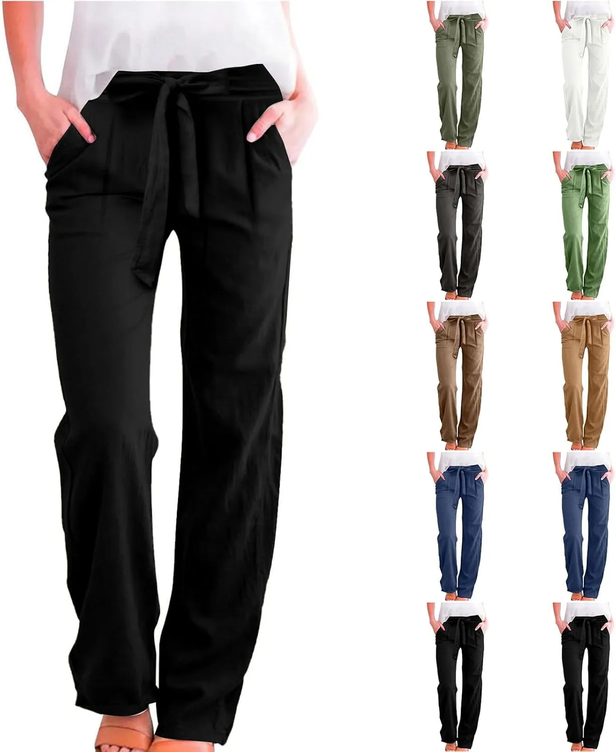 NBXNZWF Women's Cotton Linen Pants Casual Straight Leg Trousers Elastic Waist Lightweight Relaxed Fit Pants with Pockets