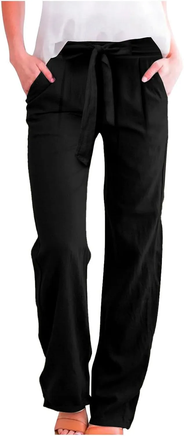 NBXNZWF Women's Cotton Linen Pants Casual Straight Leg Trousers Elastic Waist Lightweight Relaxed Fit Pants with Pockets