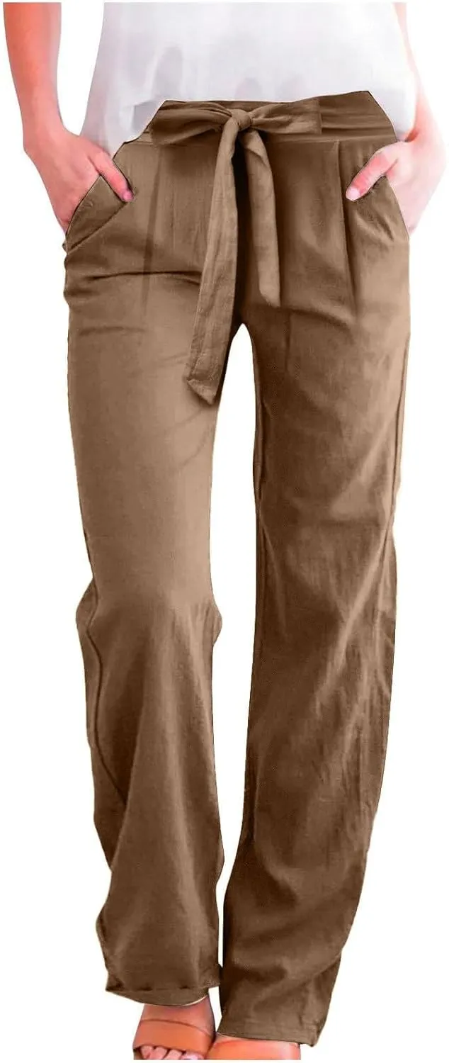 NBXNZWF Women's Cotton Linen Pants Casual Straight Leg Trousers Elastic Waist Lightweight Relaxed Fit Pants with Pockets