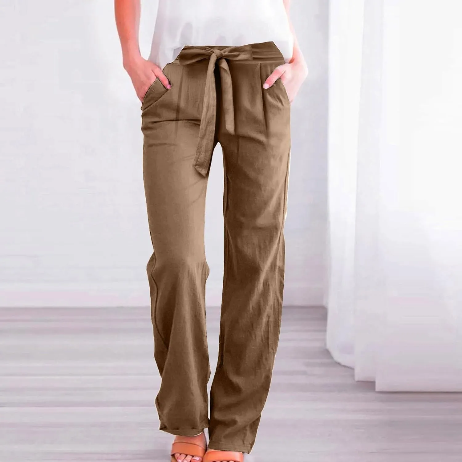 NBXNZWF Women's Cotton Linen Pants Casual Straight Leg Trousers Elastic Waist Lightweight Relaxed Fit Pants with Pockets