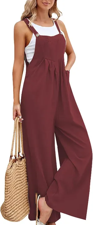 Overalls for Women Linen Sleeveless One Piece Jumpsuits Straps Pleated Bib Overalls Loose Fit Wide Leg Jumpsuits