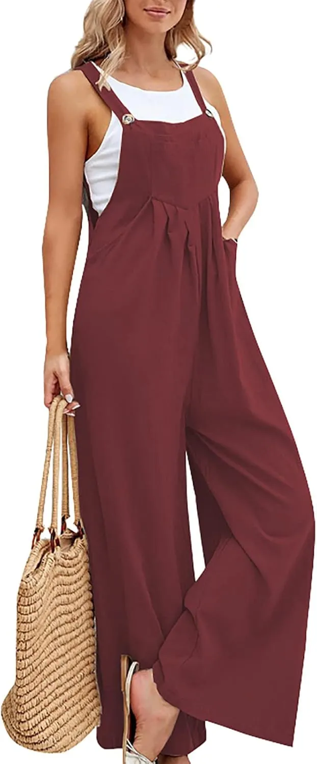 Overalls for Women Linen Sleeveless One Piece Jumpsuits Straps Pleated Bib Overalls Loose Fit Wide Leg Jumpsuits