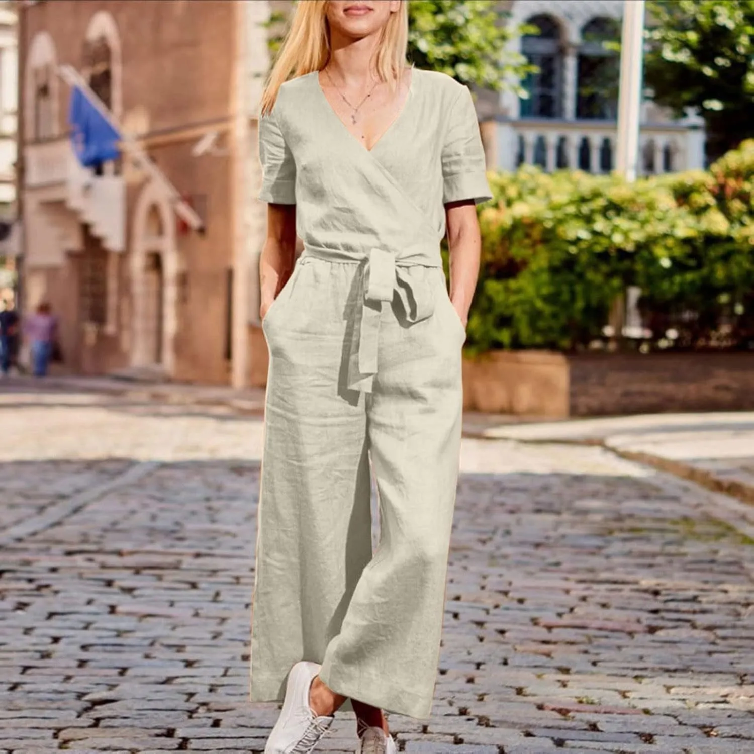 Pants for Women Fall Summer Linen Loose Fit Straight Leg Plain Overalls Pants One Piece Women 2024 Y2K