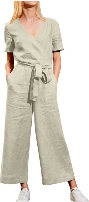 Pants for Women Fall Summer Linen Loose Fit Straight Leg Plain Overalls Pants One Piece Women 2024 Y2K
