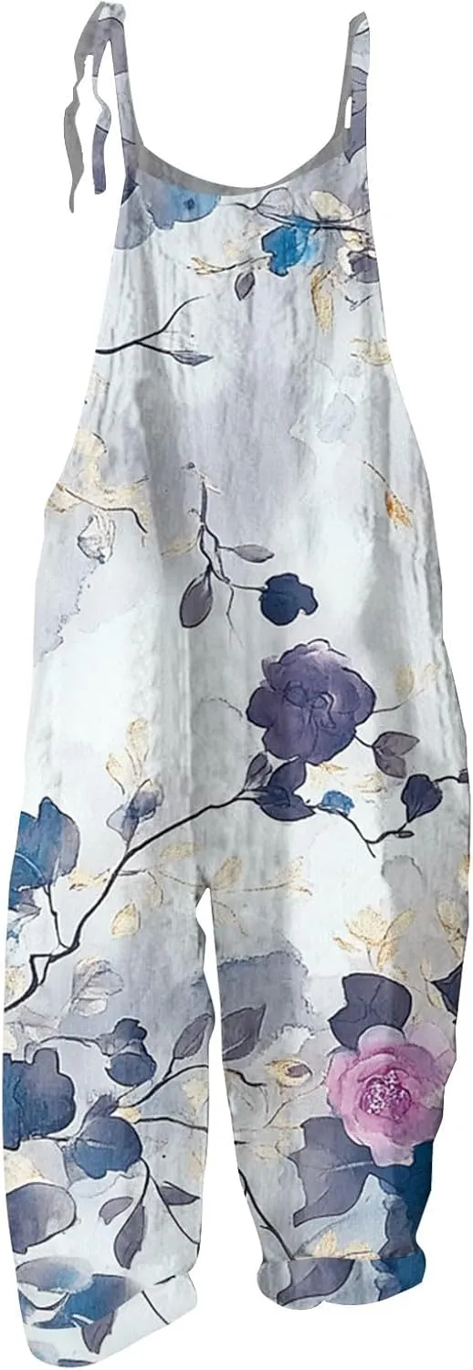 Plus Size Floral Printed Bohemian Jumpsuits for Women Sleeveless Spaghetti Strap Wide Leg Bib Rompers with Pockets