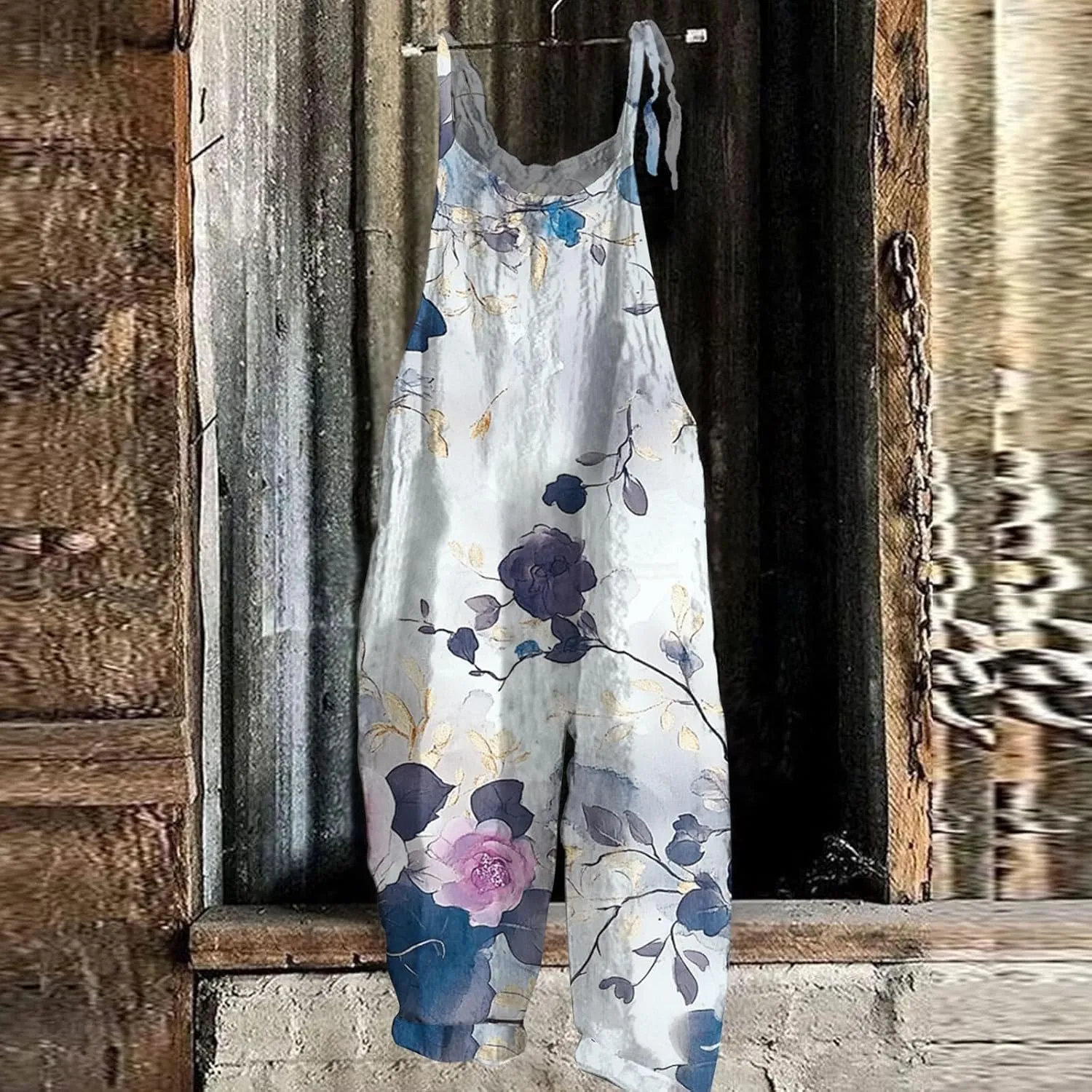 Plus Size Floral Printed Bohemian Jumpsuits for Women Sleeveless Spaghetti Strap Wide Leg Bib Rompers with Pockets