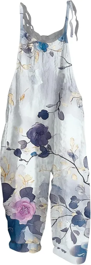 Plus Size Floral Printed Bohemian Jumpsuits for Women Sleeveless Spaghetti Strap Wide Leg Bib Rompers with Pockets