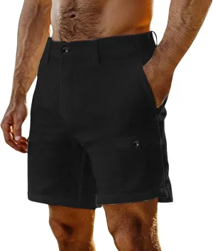 Plus Size Shorts Men Casual Cotton Button Elastic Waist Pant Lightweight Summer Beach Vacation Capris Multi-Pockets